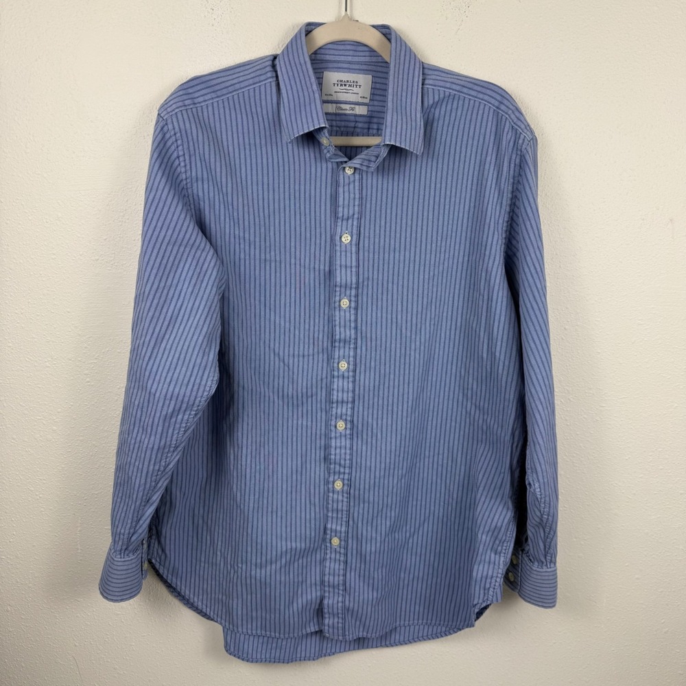 Charles Tyrwhitt Mens Blue Striped Classic Fit Long Sleeve Shirt 16.5 35 42 89cm